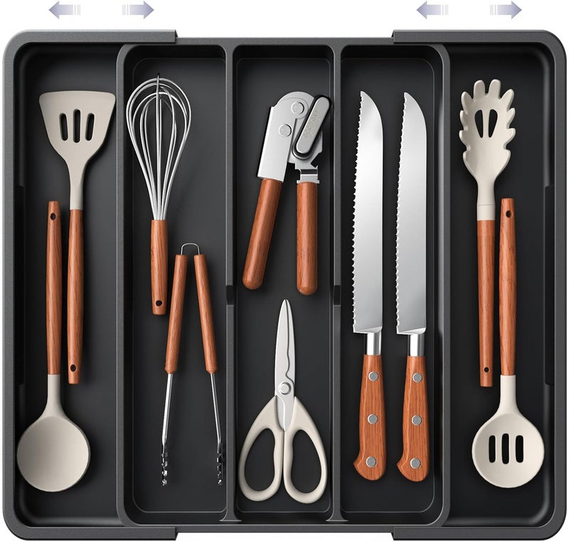 AUJEN Silverware Organizer - Expandable Kitchen Drawer Organizer, Adjustable Utensil Organizer, Cutlery Tray for Forks, Knives, Multipurpose Kitchen Organizers and Storage Solution, Black, X-Large - Image 1